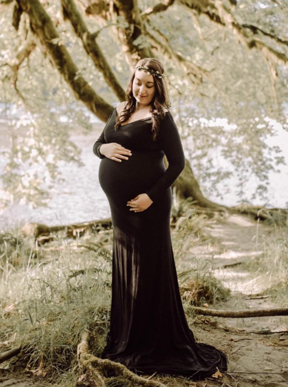Maternity Fitted Gown V Neck Ruched Long Sleeve Maxi Photography Dress