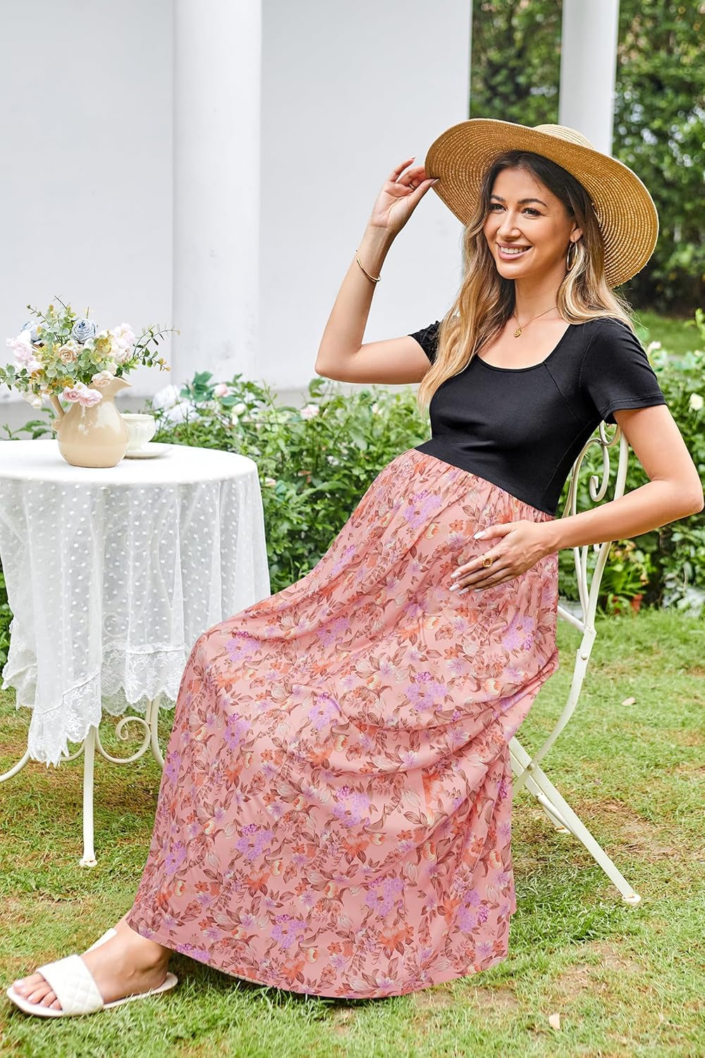 Womens 2025 Summer Maternity Maxi Dress for Baby Shower Short Sleeve Pregnancy Casual Long Dress with Pockets