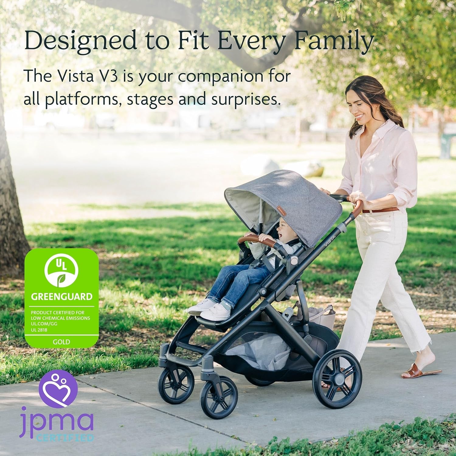 Vista V3 Stroller - Full-Size Single-To-Double Stroller System - Toddler Seat, Bug Shield, Rain Shield, and Storage Bag Included - Savannah (Pearl Gray Jacquard/Carbon Frame/Chestnut Leather)