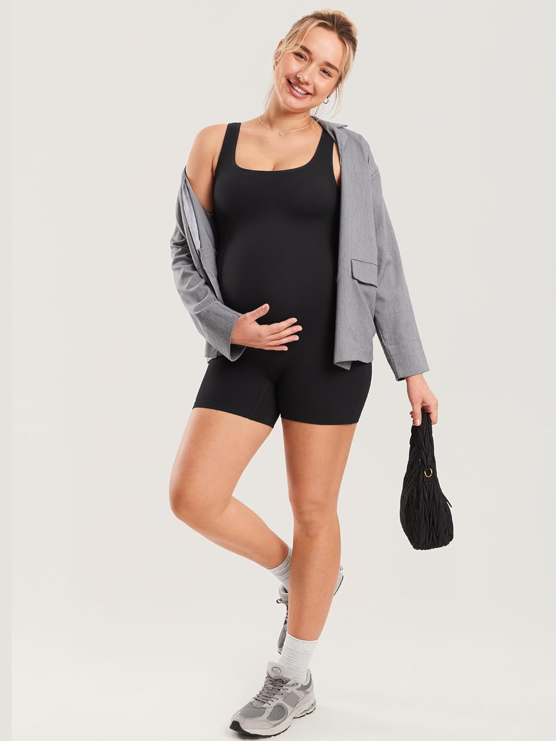 Women'S Maternity Bodysuit Ribbed Sleeveless Shorts Jumpsuit Square Neck Tank Top Romper for Pregnancy