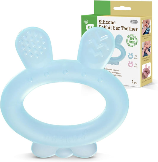 Silicone Baby Teether - Rabbit Ear Frozen Teething Toy for Babies 3-6 Months- Cold Teething Relief - BPA Free Silicone -Blue