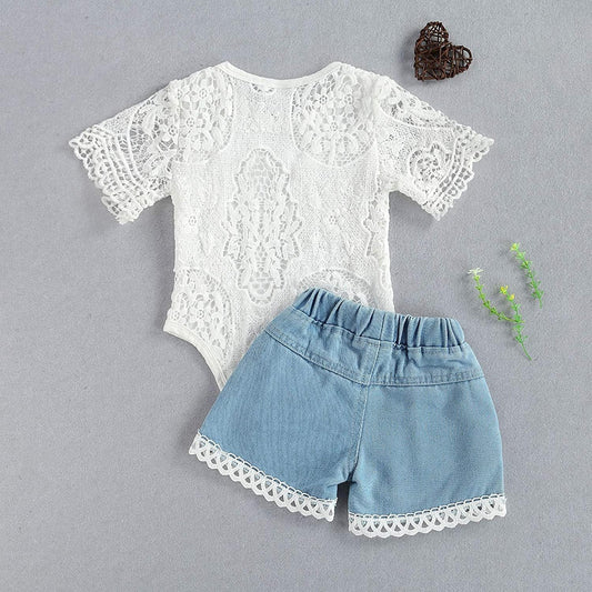 Toddler Infant Baby Girl Clothes Embroidered Lace Romper Ripped Jeans Denim Pants Outfit Set