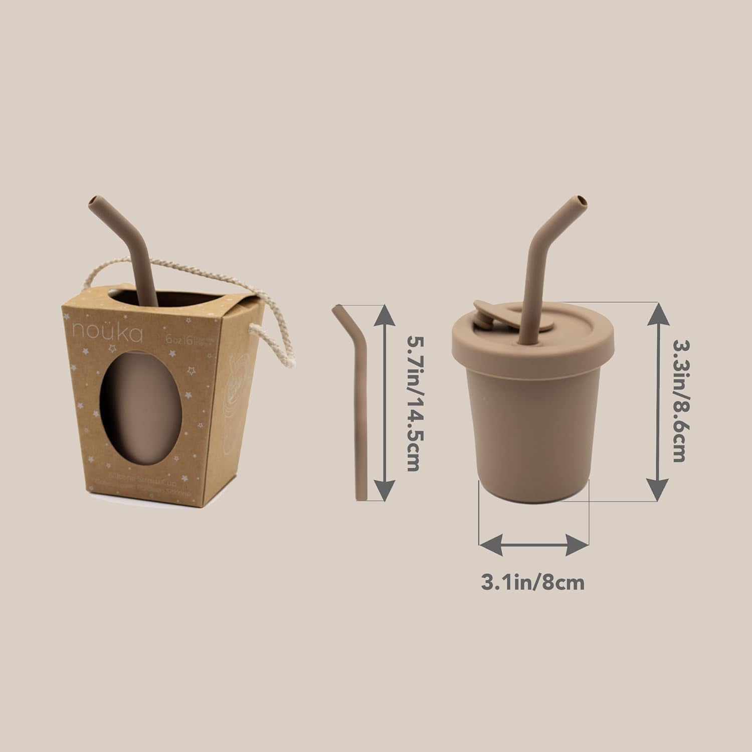 Nouka Straw Cup | 100% Food-Grade Silicone | Spill-Proof | Non-Slip & Soft | Dishwasher Friendly | Almond | Size 6 Oz
