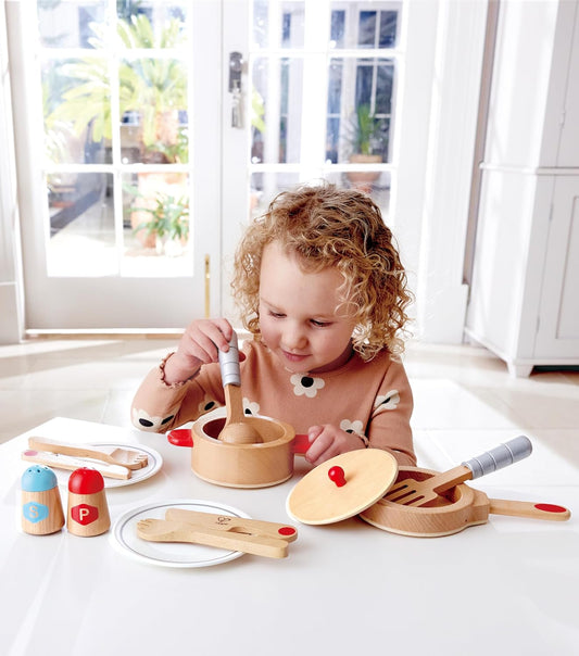 Cook & Serve Set | 13 Piece Wooden Pretend Play Cooking Set with Accessories