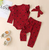 New Born Baby Ribbed Clohtes Suit Girl Boy Heart Print Crew Neck Lace Long Sleeve Top, Long Pants and Hairband 3-Piece Suits
