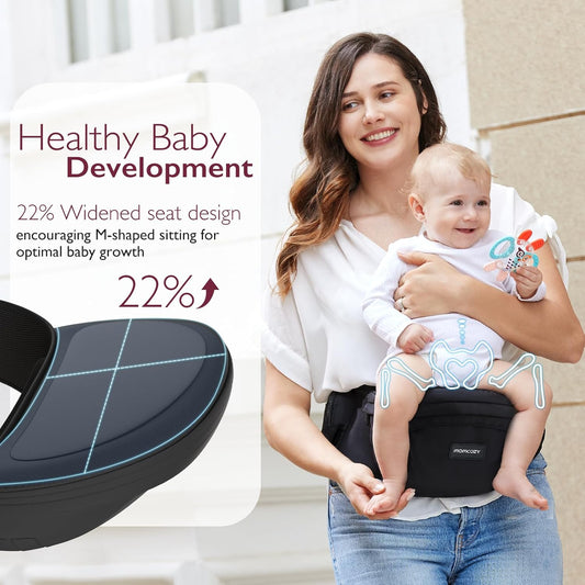 Cpc-Certified Baby Hip Carrier - Adjustable Waistband with Original 3D Belly Protector & Ergonomic EVA Massage Board, Various Pockets for Newborns to Toddlers up to 45Lbs (Black, Medium)