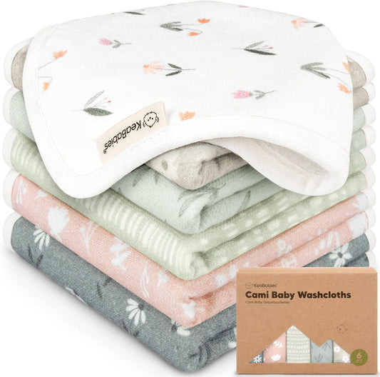 6-Pack Cotton Baby Washcloths for Newborn - Organic Cotton Muslin Soft Wash Cloths for Babies, Infant, Kids, Toddler Towels Boy, Girl, Super Absorbent Face Cloths, Scratch-Free Baby Rags (Fleur)