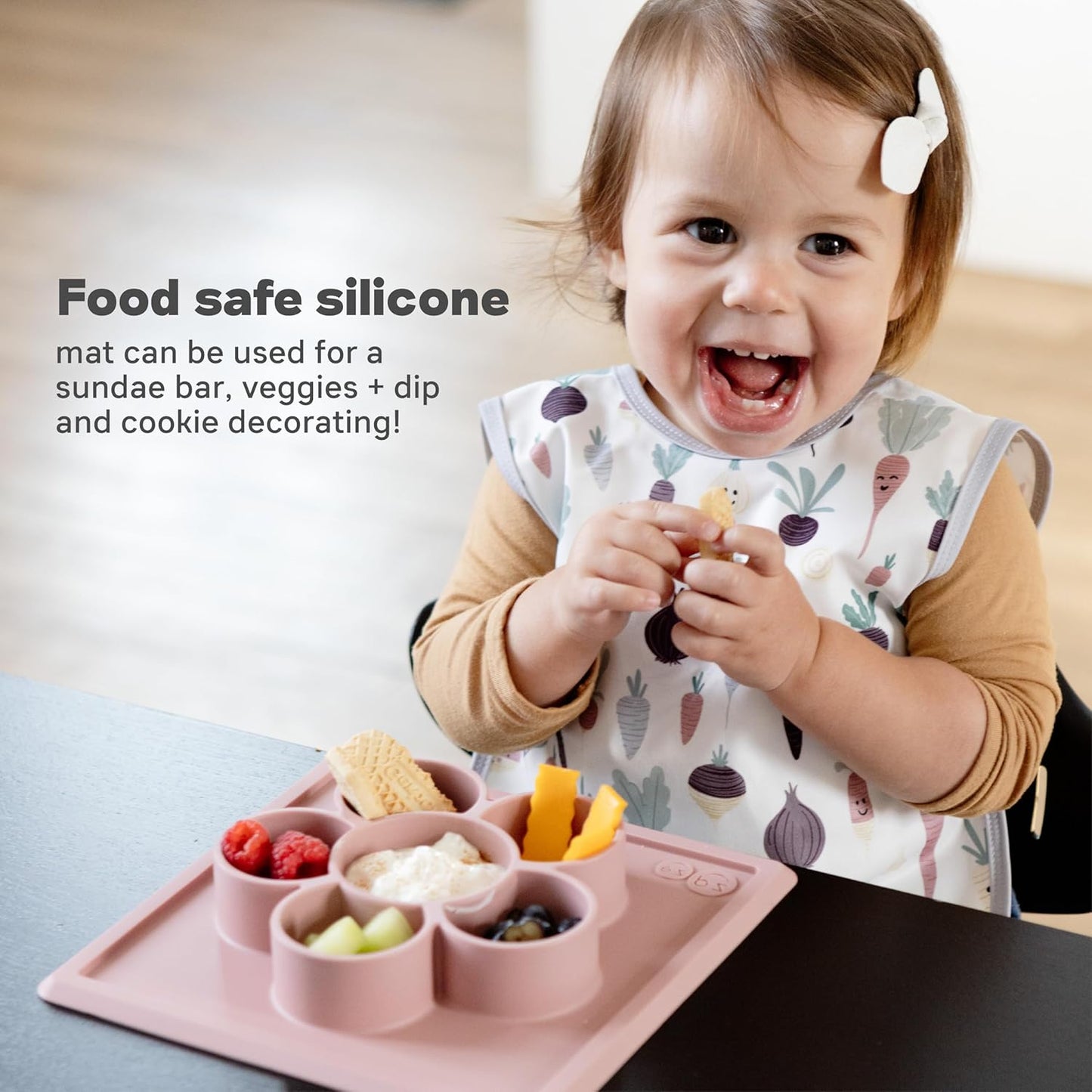 Mini Play Mat (Cream) - 100% Silicone Suction Flower Plate with Built-In Placemat for Infants + Toddlers - Crafting + Snacks - Divided Plate - Dishwasher Safe