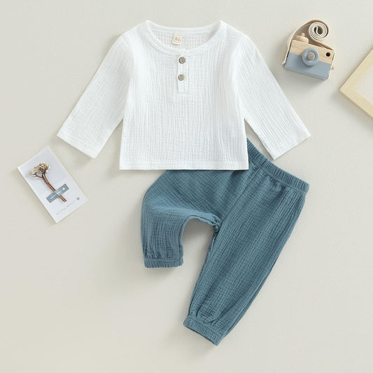 Baby Boy Girl Clothes Toddler Cotton Linen Outfit Muslin Long Sleeve T-Shirt Tops Pants Set