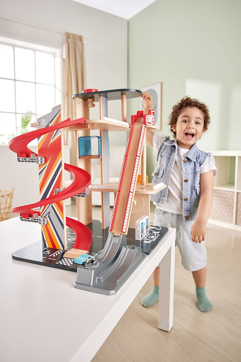 Gearhead Stunt Garage Kids Wooden Toy Car Parking Garage Playset W/ Elevator and 2 Exit Tracks, Detachable Loop, Includes 2 Wooden Toy Racecars