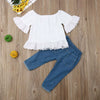 2019 Baby Summer Clothing 1-6Y Toddler Kids Baby Girls White off Shoulder Tops T-Shirt Denim Pearl Long Pants Jeans Outfits Set