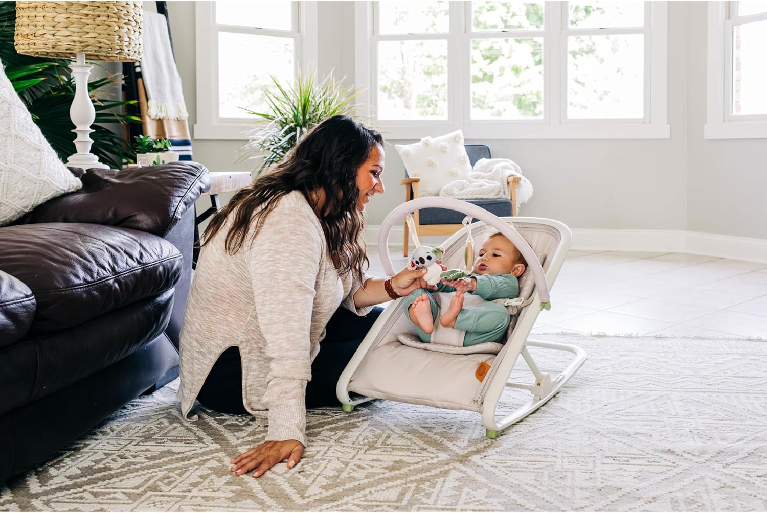 Boho Chic 2-In-1 Rocker with Removeable Toy Bar, Rocking or Stationary Modes and Folds Flat for Storage, Beige