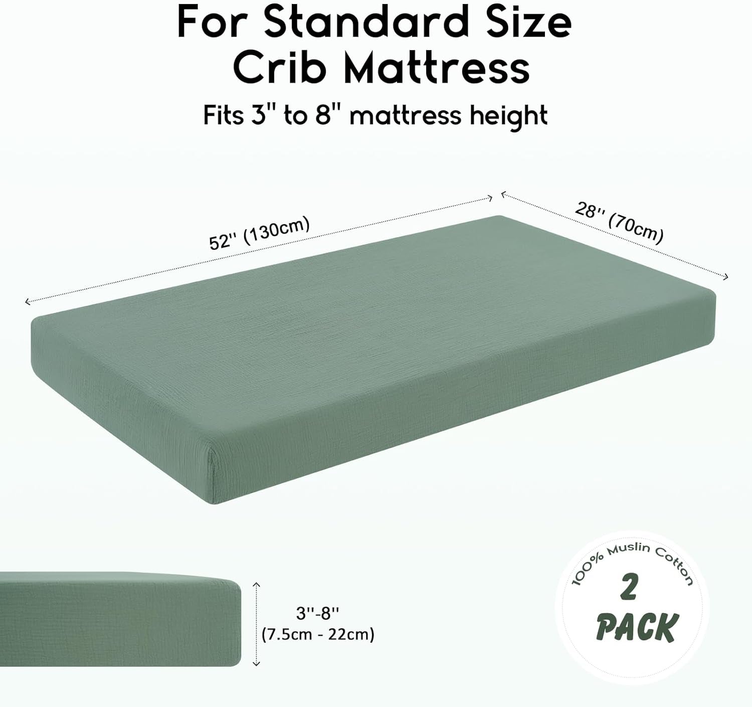 Muslin Crib Sheets for Boys Girls 100% Cotton Fitted Baby Crib Sheet 2 Pack Soft and Breathable for Standard Crib Mattress & Toddler Mattress 52"X28" Leaves&Green