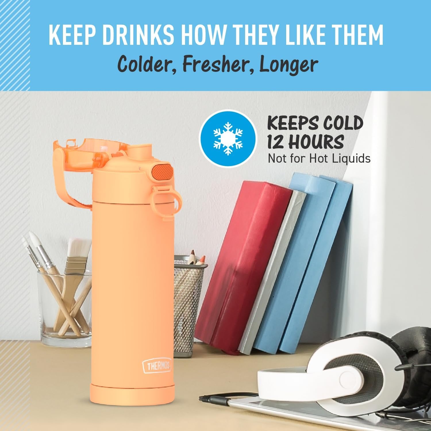 FUNTAINER 16 Ounce Stainless Steel Vacuum Insulated Bottle with Spout and Locking Lid, Orange