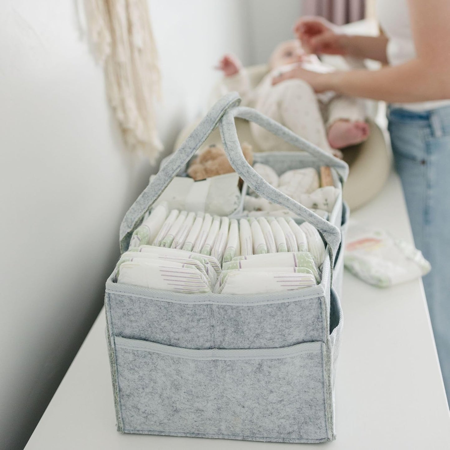 Nursery Storage Basket - Baby Diaper Caddy Organizer for Diaper Station, Newborn Essentials, Baby Shower Gifts and Registry Must-Haves for Boy or Girl