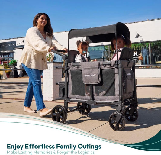 W2 Elite Pro Stroller Wagon (2 Seater) - Collapsible Wagon Stroller with Seats with 5-Point Harnesses, Adjustable Push Handle, and Adjustable Sun Canopy, Charcoal Gray