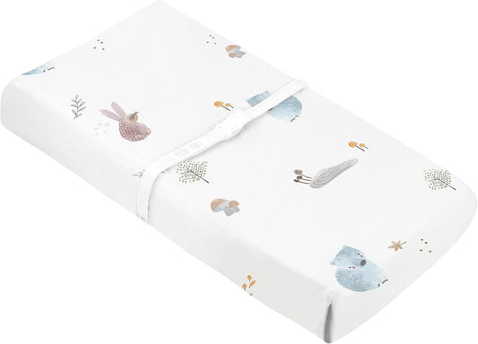 Baby 100% Breathable Cotton Percale Contoured Changing Pad Cover with Slits for Safety Straps, Made in Canada, 17" X 33" Multi Forest
