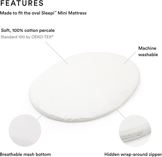 Sleepi Mini Fitted Sheet, White - Soft Sheets for Sweet Dreams - Made for the Oval Sleepi Mini Mattress - Safe, Stylish & Washable - 100% Fine Cotton Percale