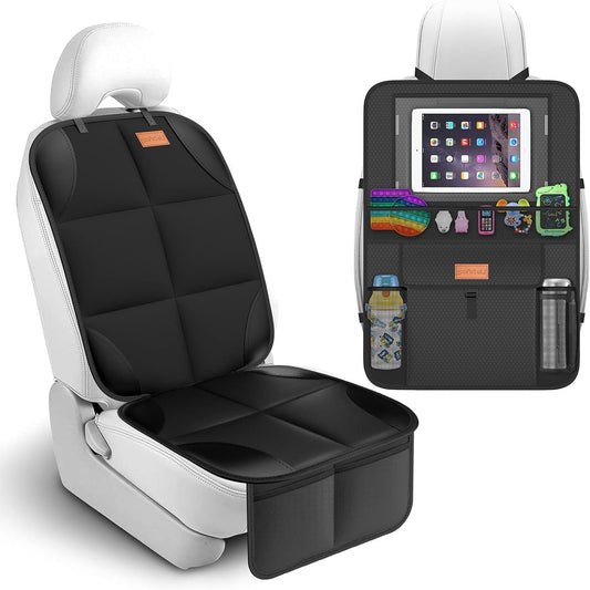 Car Seat Protector + Backseat Car Organizer Kick Mat, Large & Waterproof 600D Fabric Child Auto Carseat Protectors Saver for Baby Sit with Storage Pockets for Leather and Fabric Car Seat