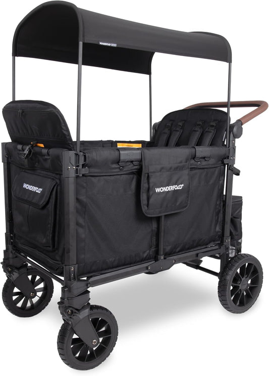 W4 Luxe Pro Stroller Wagon (4 Seater) - Collapsible Wagon Stroller with Seats Featuring 5-Point Safety Harnesses and Adjustable Sun Canopy, Jet Black