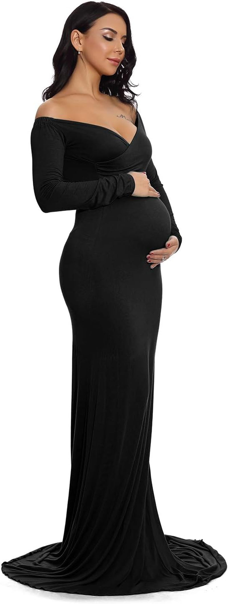 Maternity Fitted Gown V Neck Ruched Long Sleeve Maxi Photography Dress