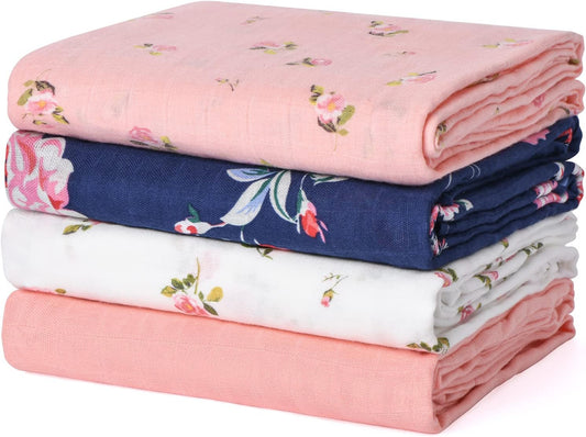 Muslin Swaddle Blanket Baby Girl Newborn, 4 Pack Large Wrap Swaddle Blankets Soft Silky Breathable (70% Bamboo + 30% Cotton), Receiving Blanket, Floral Design