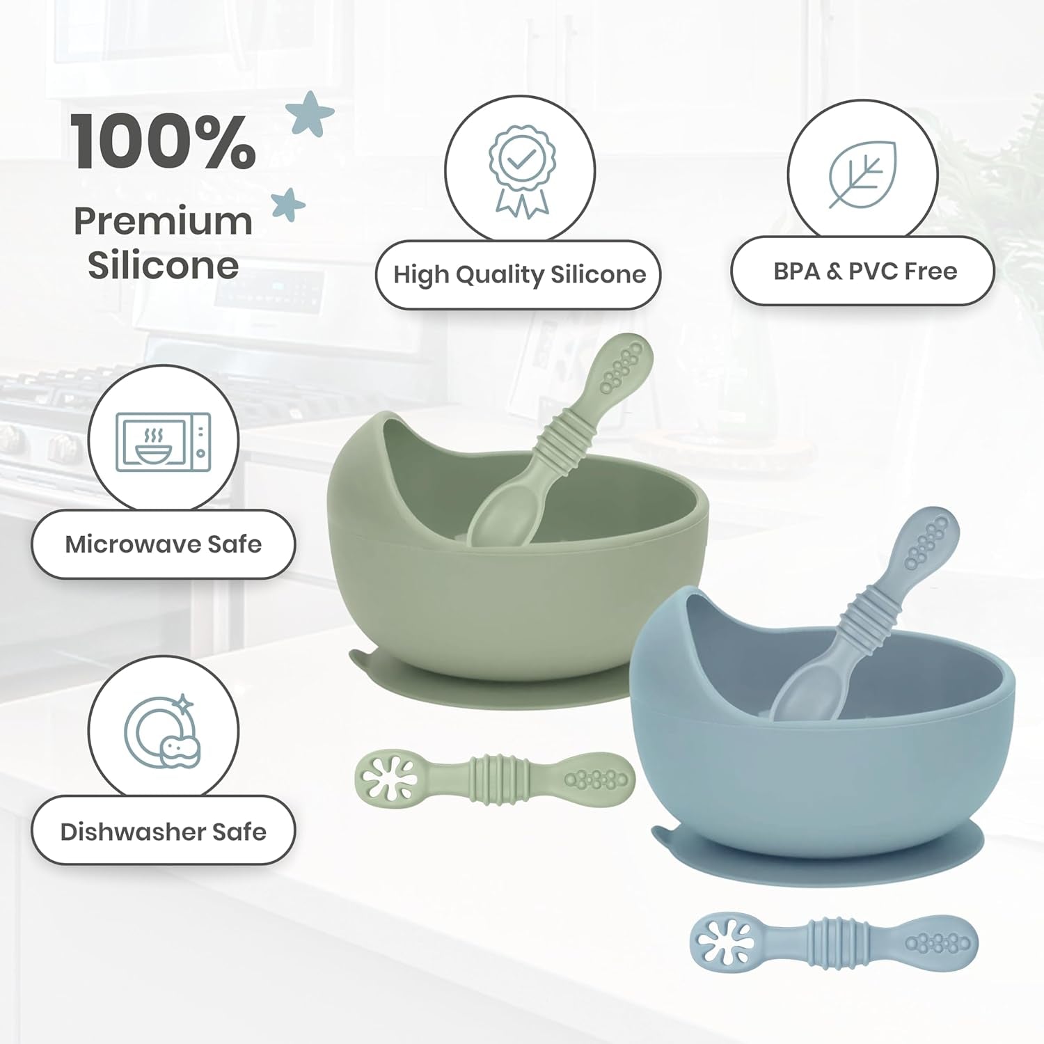 6 Piece Suction Bowls & Training Spoons, 100% Food Grade Silicone Feeding Set, Self Feeding Bowl and Utensils for Led Weaning, BPA Free