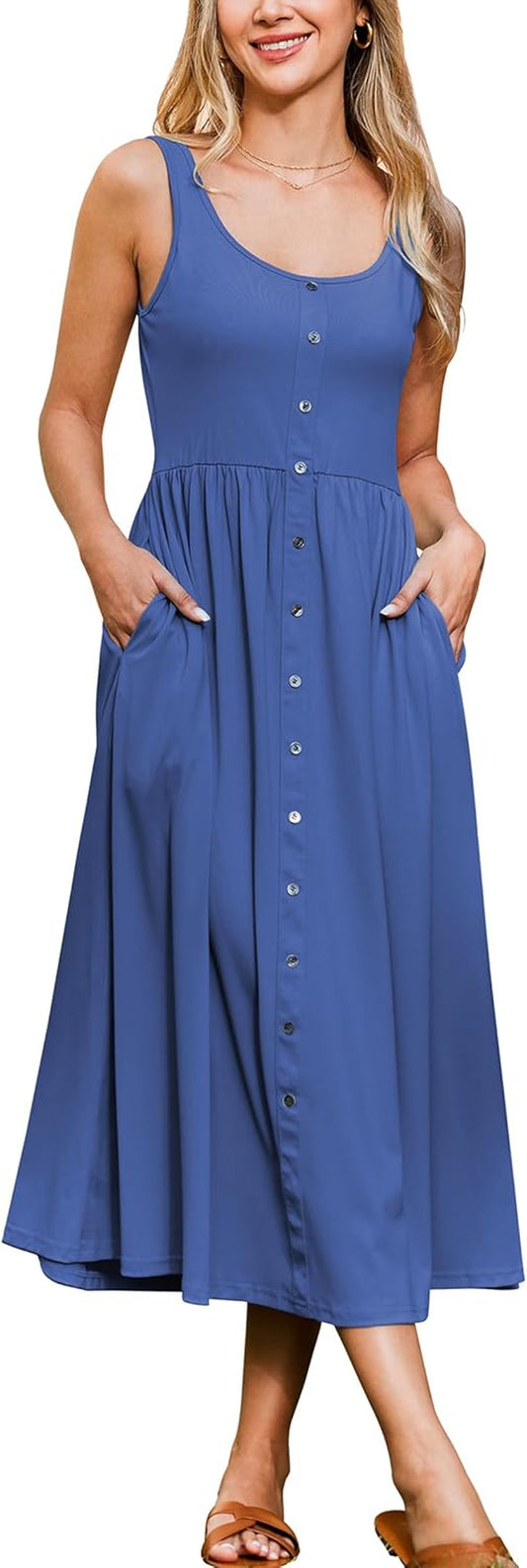 Womens Maternity Dress Scoop Neck Casual Sleeveless Button down Pregnancy Clothes Midi Sundress with Pockets 2025