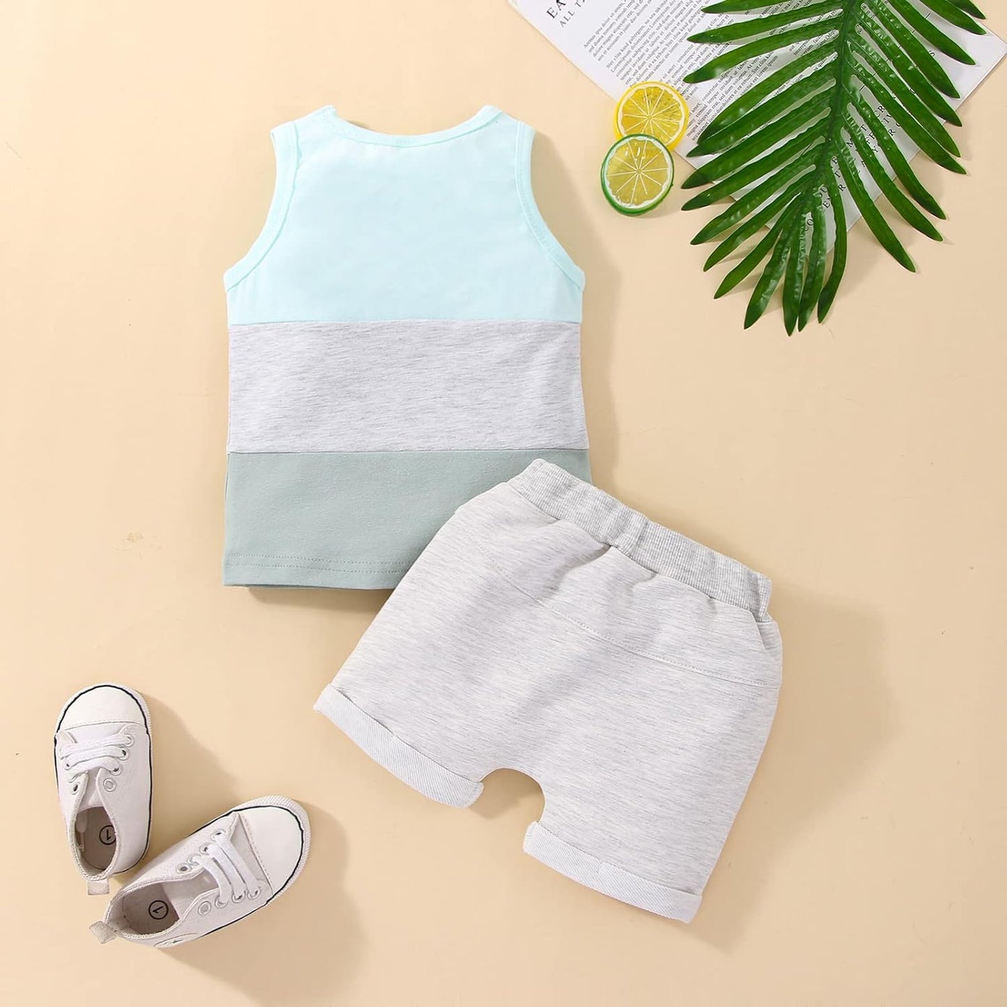 Toddler Baby Boys Summer Outfit Cute Colorblock round Neck Tees Top + Shorts 2Pcs Summer Clothes