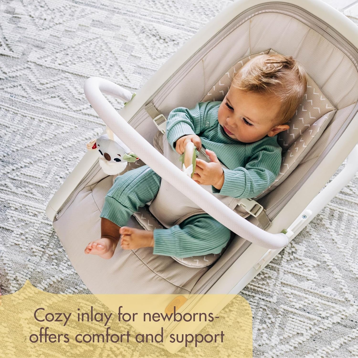 Boho Chic 2-In-1 Rocker with Removeable Toy Bar, Rocking or Stationary Modes and Folds Flat for Storage, Beige