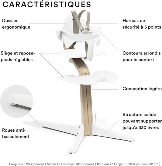 Nomi High Chair, White/Natural - Inspires Active Sitting - Tool-Free, Seamless Adjustability - Includes Baby Set with Removable Harness for Children 6-24 Months