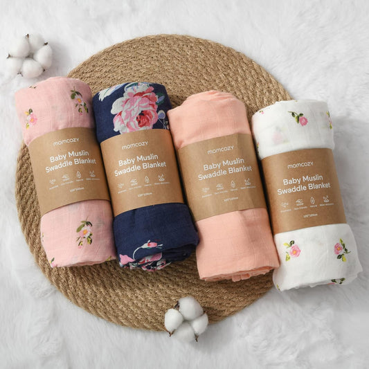 Muslin Swaddle Blanket Baby Girl Newborn, 4 Pack Large Wrap Swaddle Blankets Soft Silky Breathable (70% Bamboo + 30% Cotton), Receiving Blanket, Floral Design