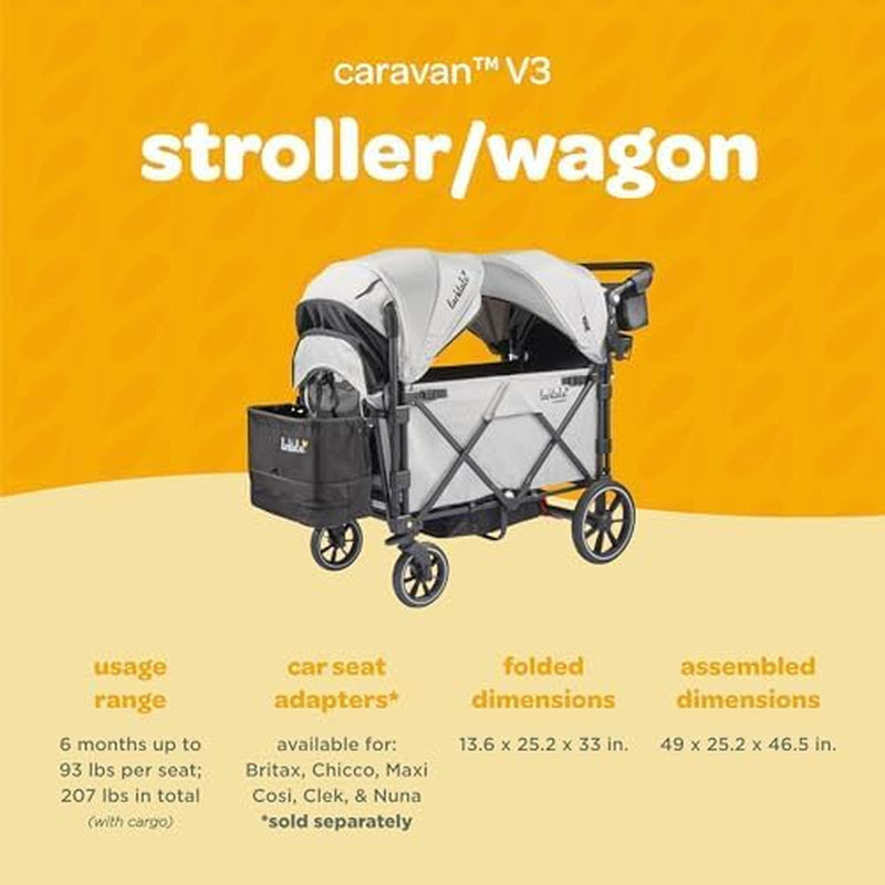 Caravan V3, Avalon Gray - Stroller/Wagon for Kids & Babies - Seats 2 Passengers or 200 Lbs. Total Weight Capacity. - Reclining Seats, Full-Coverage Sun Canopies, Height-Adjustable Handlebar