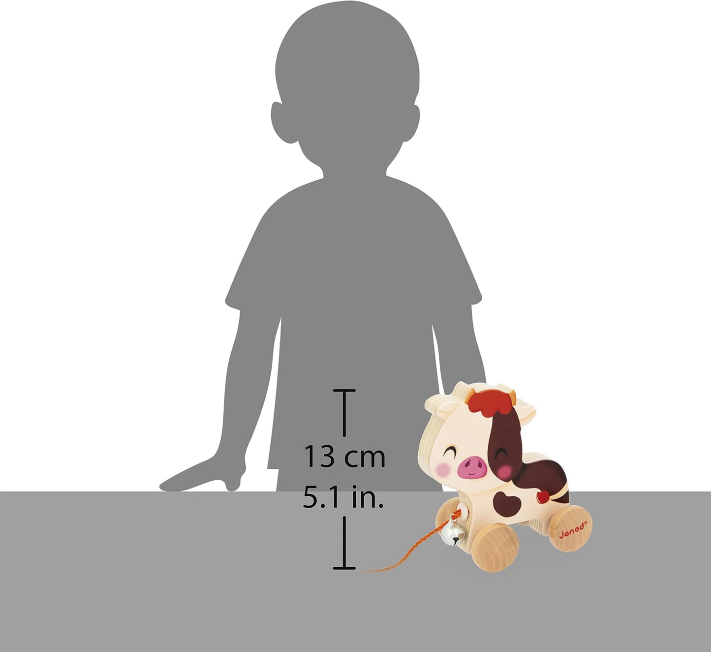 J03324 Wooden Running Cow with Bell Learning Toy for Pulling and Pushing Motor Skills and Imagination Learning Cord 50 Cm Suitable for Small Hands Fsc-Certified from 12 Months