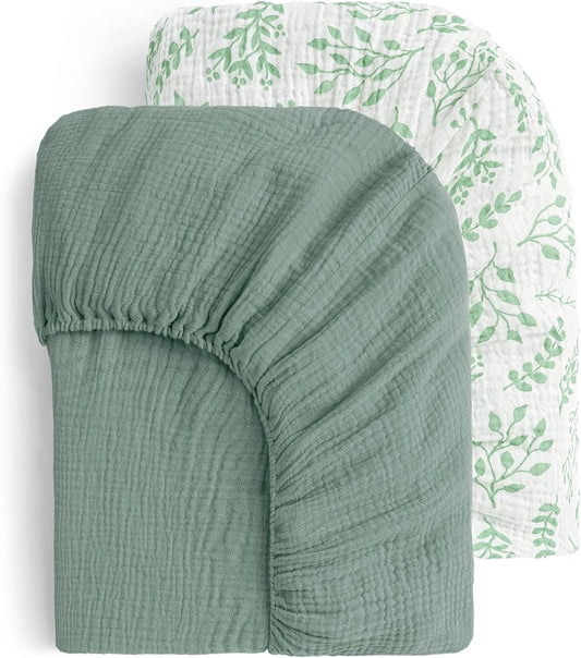 Muslin Crib Sheets for Boys Girls 100% Cotton Fitted Baby Crib Sheet 2 Pack Soft and Breathable for Standard Crib Mattress & Toddler Mattress 52"X28" Leaves&Green