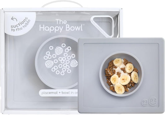 Happy Bowl (Pewter) - 100% Silicone Suction Bowl with Built-In Placemat for Toddlers + Preschoolers - Dishwasher Safe