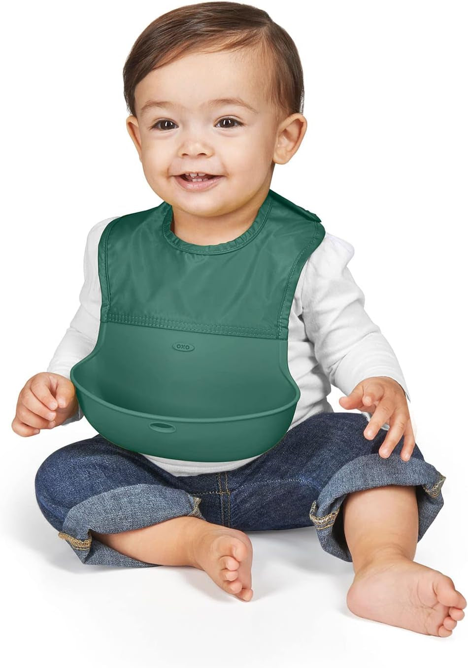 - Roll-Up Bib - Comfortable Soft Waterproof Lightweight Silicone Baby Bib and Toddler - Fabric Rolls up into Pocket for Travel and Storage - Sage