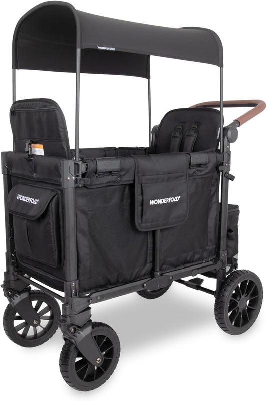 W2 Luxe Pro Stroller Wagon (2 Seater) - Collapsible Wagon Stroller with Seats Featuring 5-Point Safety Harnesses and Adjustable Sun Canopy, Jet Black