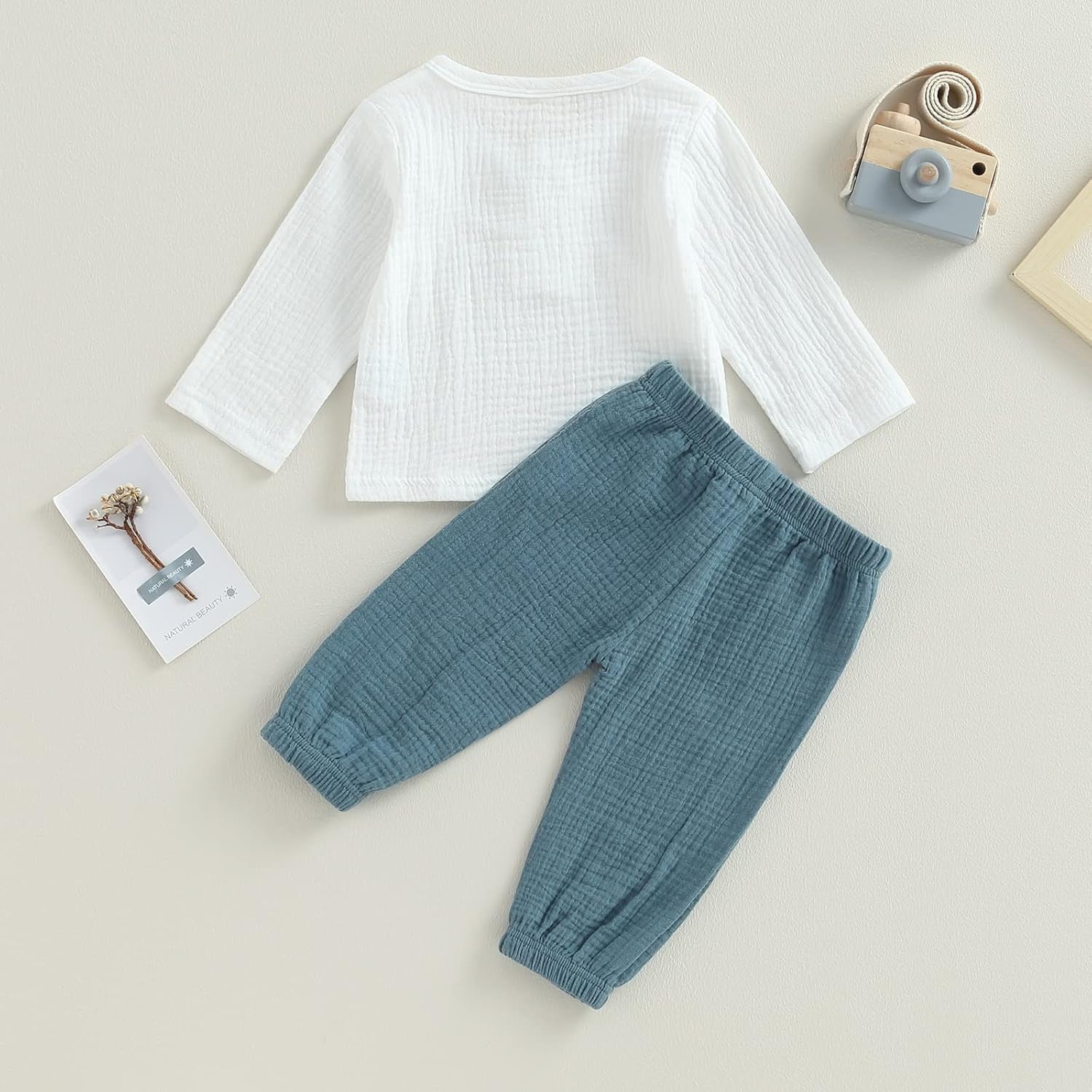 Baby Boy Girl Clothes Toddler Cotton Linen Outfit Muslin Long Sleeve T-Shirt Tops Pants Set