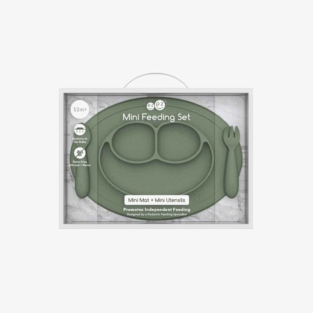 Mini Feeding Set (Olive) - 100% Silicone Fork, Spoon & Mini Mat Suction Plate with Built-In Placemat for Infants + Toddlers - First Foods + Self-Feeding - 12 Months+