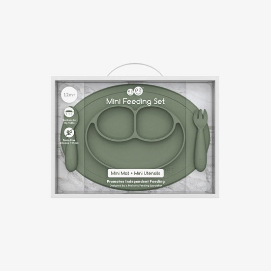 Mini Feeding Set (Olive) - 100% Silicone Fork, Spoon & Mini Mat Suction Plate with Built-In Placemat for Infants + Toddlers - First Foods + Self-Feeding - 12 Months+