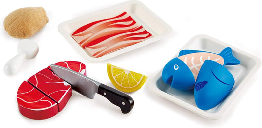 Tasty Proteins Set | Wooden Pretend Play Food Set for Kids, Basic Play Velcro Cooking Ingredients and Accessories Set, Multicolor