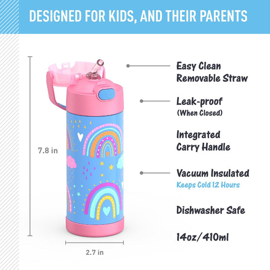 FUNTAINER 14 Ounce Stainless Steel Vacuum Insulated Bottle, Rainbow Dreams