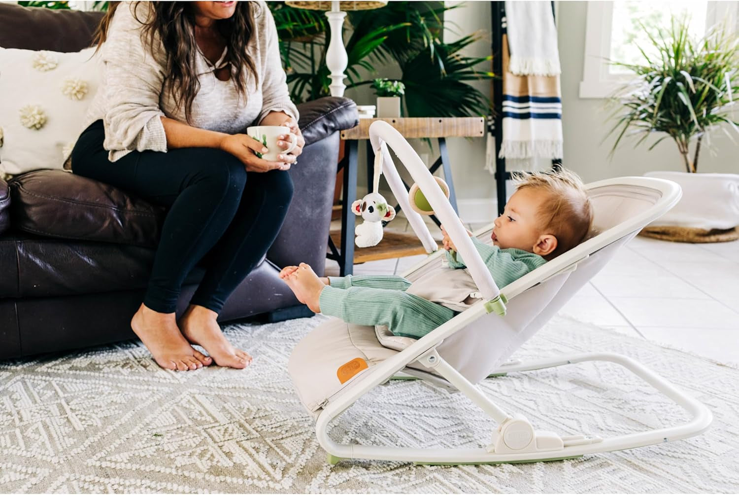 Boho Chic 2-In-1 Rocker with Removeable Toy Bar, Rocking or Stationary Modes and Folds Flat for Storage, Beige