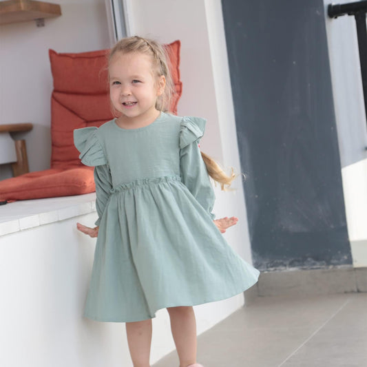 Toddler Girl Cotton Linen Dress Long Sleeve Ruffle Fall Dress Kids Solid Dresses Casual Clothes