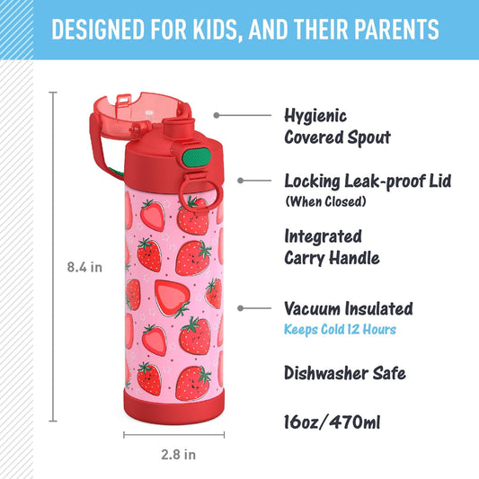 FUNTAINER 16 Ounce Stainless Steel Bottle, Strawberry Smiles