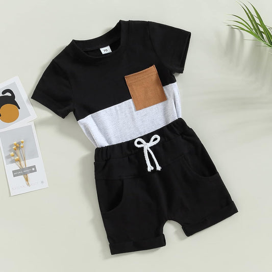 Toddler Baby Boy Summer 2Pc Clothes Short Sleeve Contrast Color T-Shirt+ Drawstring Shorts Pants Set Outfits