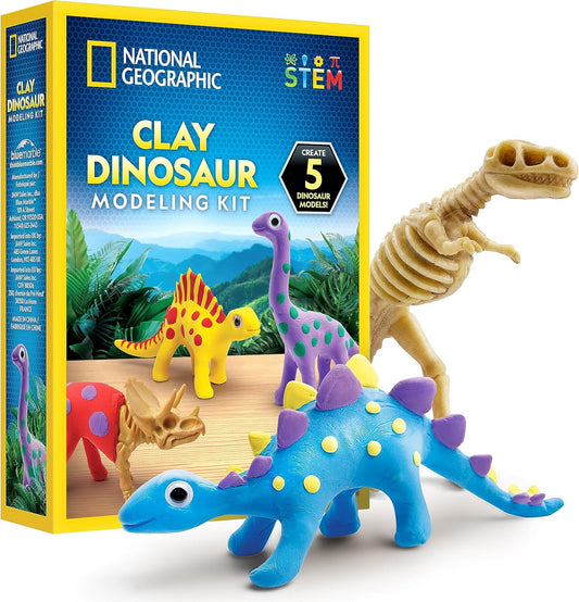 NATIONAL GEOGRAPHIC Clay Dinosaur Arts & Crafts Kit - Dinosaur Air Dry Clay for Kids Craft Kit with 5 Clay Colours, 5 Dino Skeletons, Sculpting Tool & Googly Eyes, Dinosaur Activity (Amazon Exclusive)