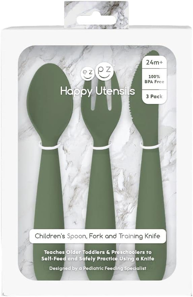 Happy Utensils (Olive) - 100% BPA Free Fork, Spoon & Knife for Toddlers + Preschoolers + Self-Feeding - Designed by a Pediatric Feeding Specialist - 24 Months+