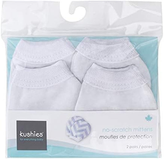 Newborn No Scratch Cotton Flannel Mittens 2 Pairs, White, Unisex